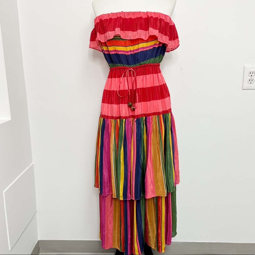 Farm Rio MIXED STRIPES STRAPLESS ruffle DRESS Sz M NWT - Picture 2 of 12